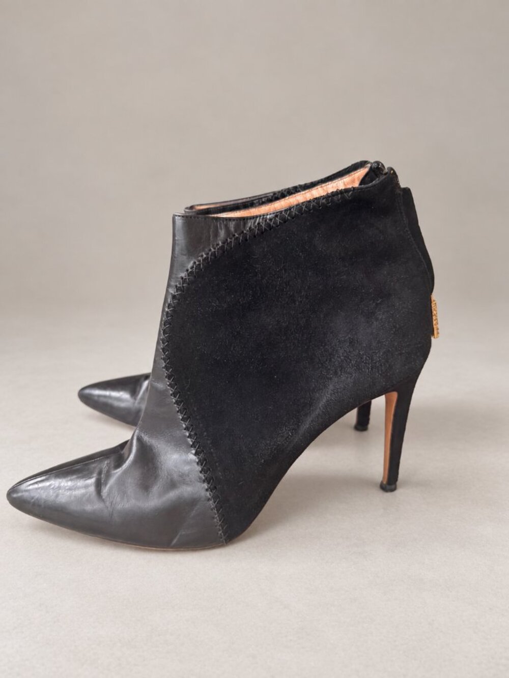 Roberto Cavalli Black Leather Suede Pointed Toe Stiletto Ankle Boots EU 40